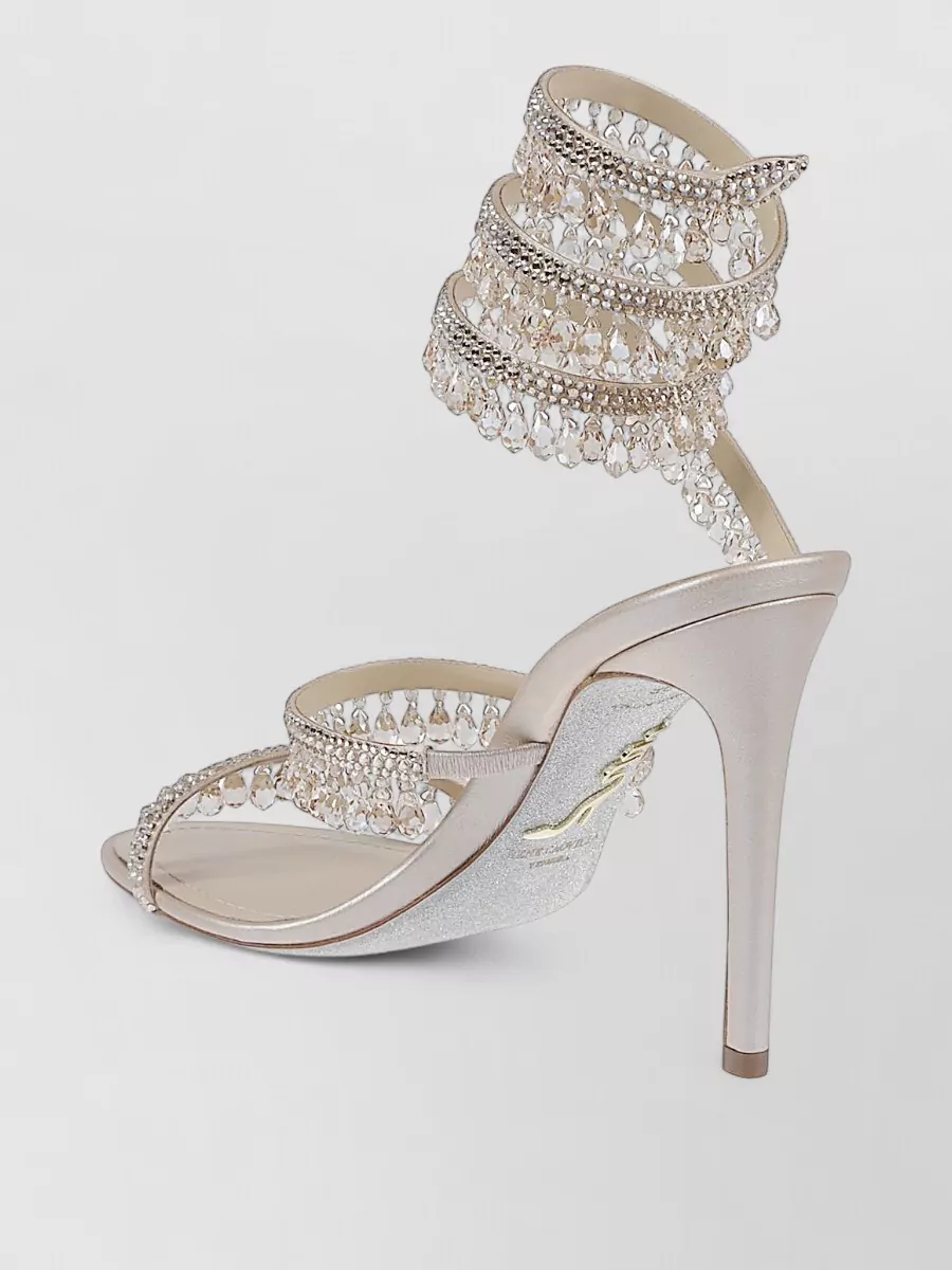 Rene Caovilla Sandal Heel Satin Straps Rhinestones Snakehead