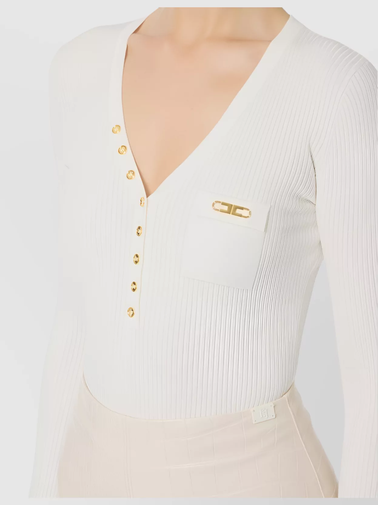 Elisabetta Franchi V-neck Sweater With Button Front And Chest Pocket In Neutral