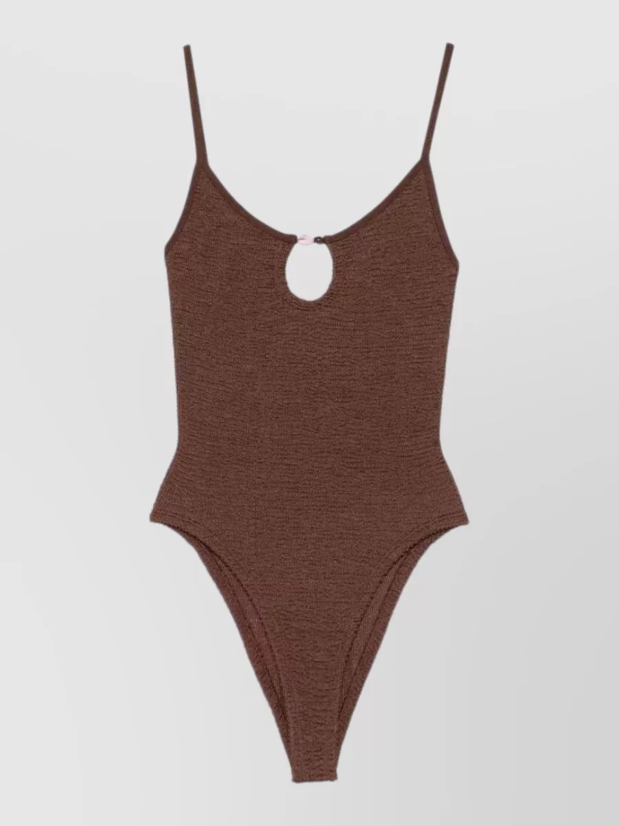 Hunza G Crinkled Metallic Beaded Cutout V-Neck Swimsuit