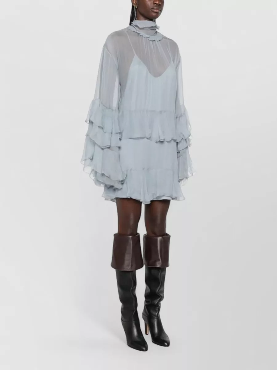 Chloé Silk Ruffled High-Neck Long-Sleeve Mini Dress