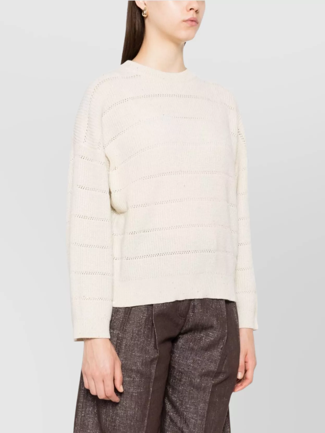 Brunello Cucinelli Knit Crew Neck Top With Long Sleeves In White