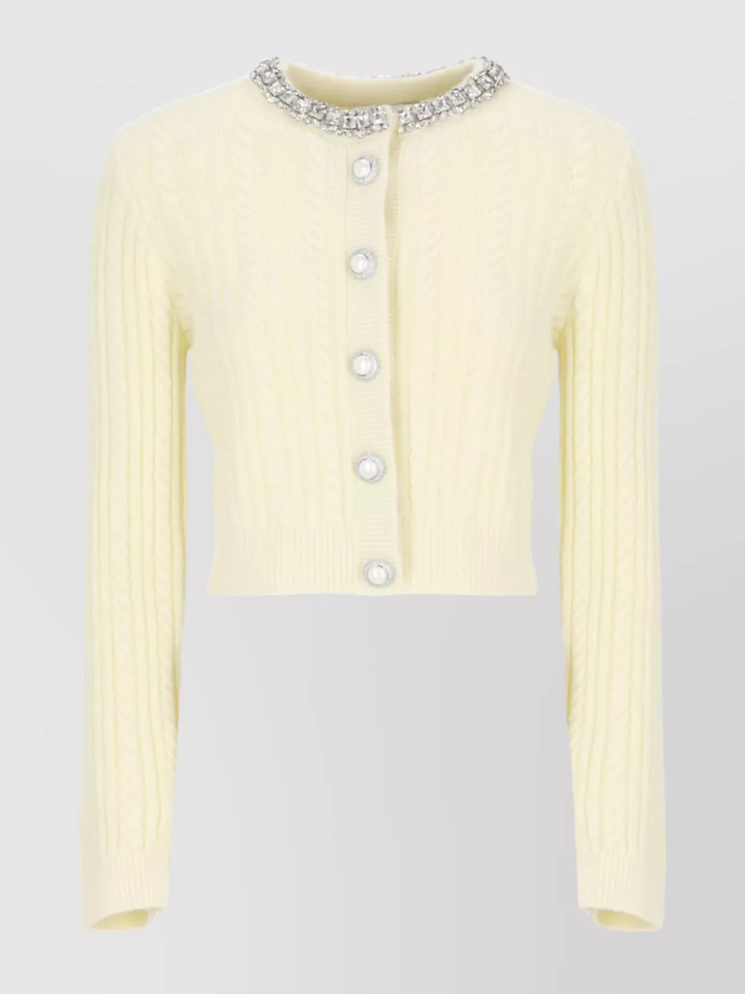 Self-portrait Cropped Cable Knit Cardigan With Pearl Buttons In Nude