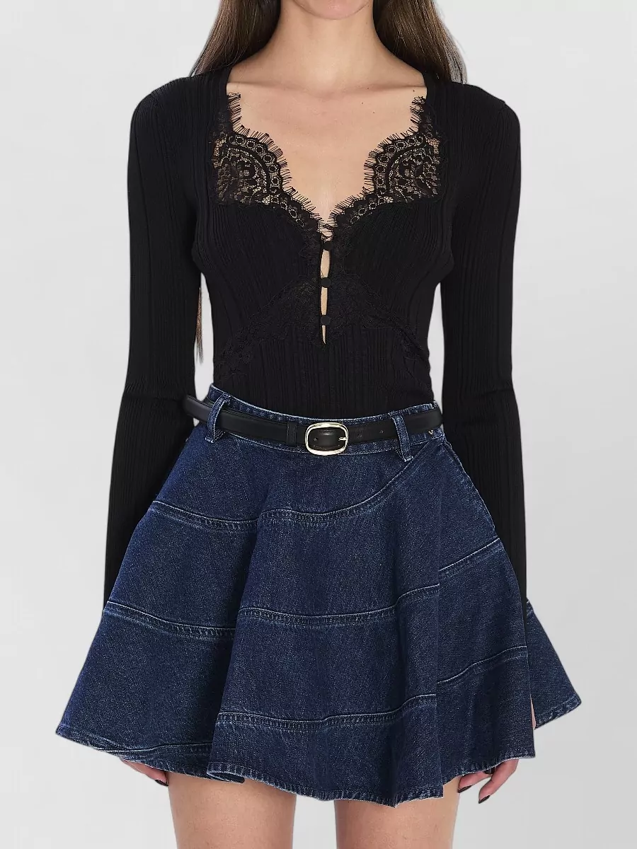 Self-Portrait Lace Knit Long-Sleeve V-Neck Top