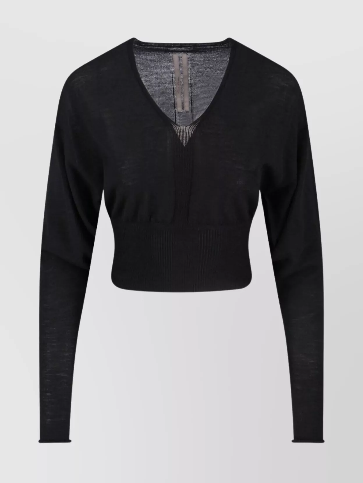 Rick Owens Cropped Long Sleeve Sheer Top V-neck In Black