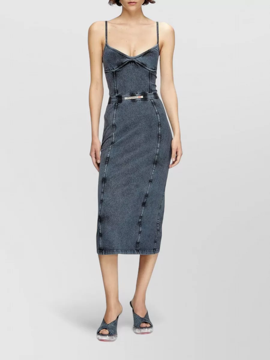 Diesel Cotton Paneled Belted V-Neck Sleeveless Midi Dress