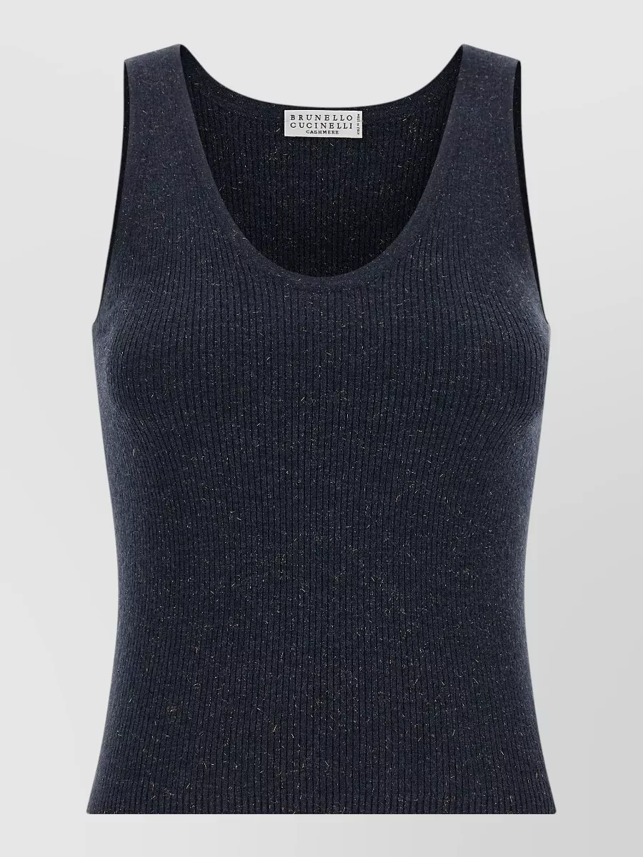 Brunello Cucinelli Sparkling Ribbed Scoop Neck Knit Tank In Black