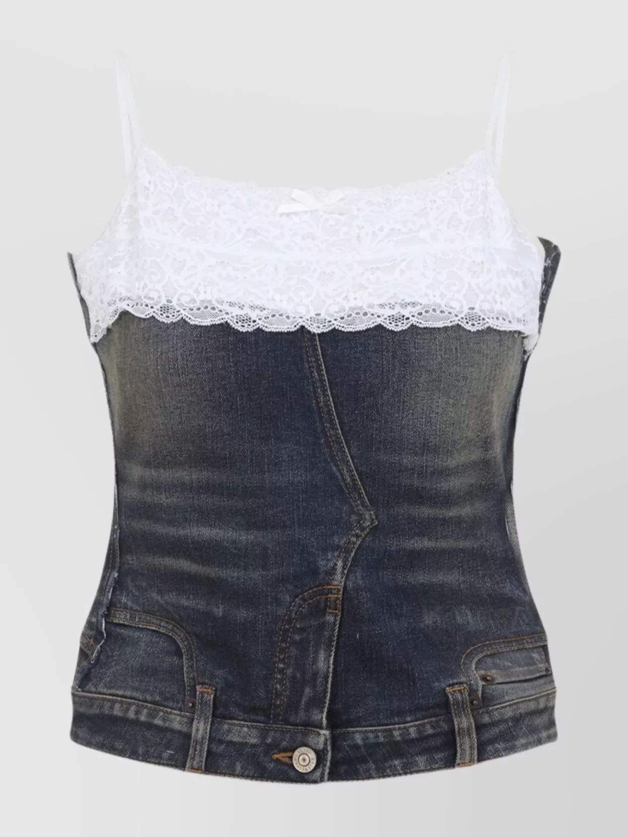 Balenciaga Denim Top With Lace Trim And Rhinestone Embellishments In Black