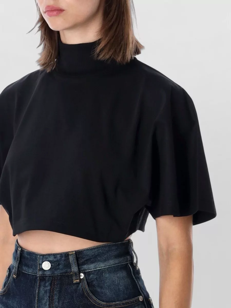 Alaïa Cotton Ribbed Mock Neck Cropped T-Shirt