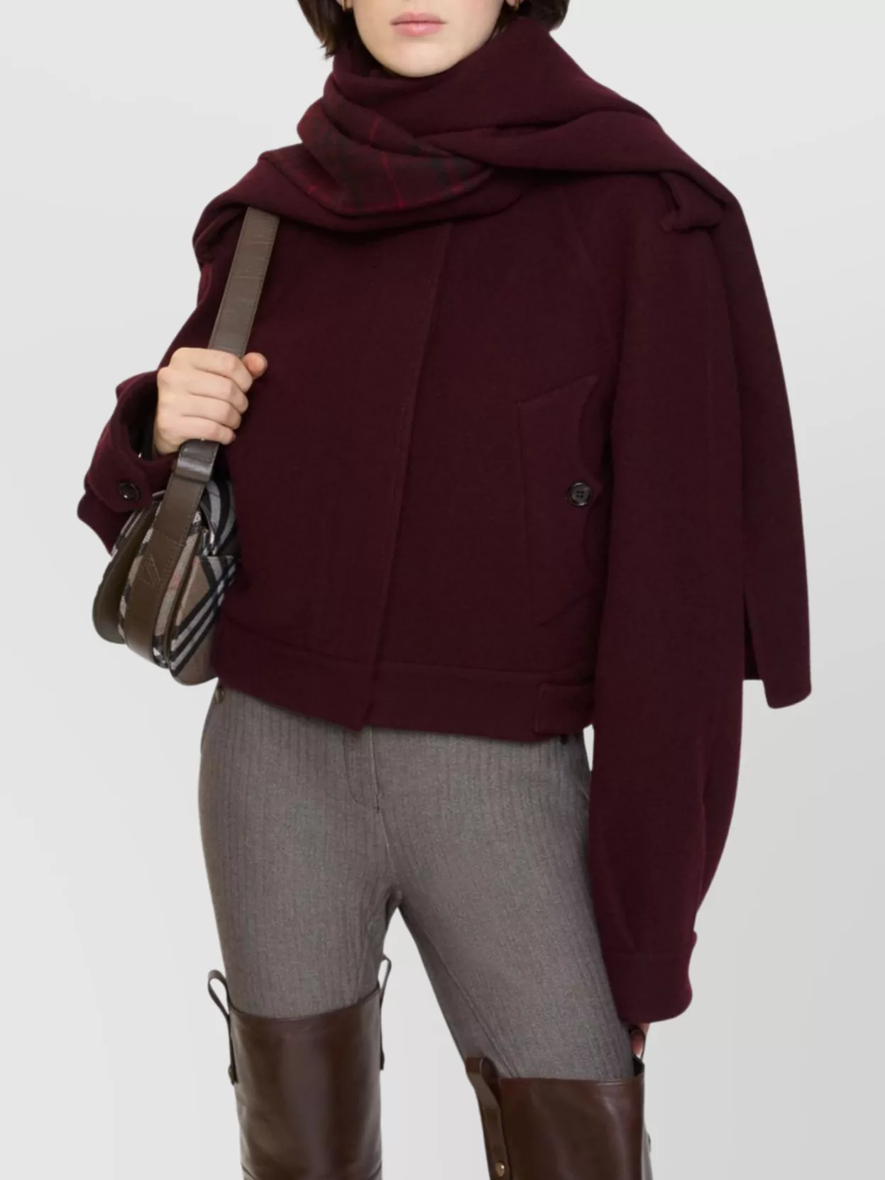 Burberry Hooded Virgin Wool Jacket With Plaid Scarf In Burgundy