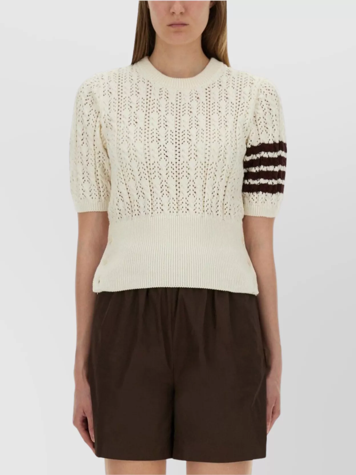 Thom Browne Womens White Pointelle Cable-knit Cotton T-shirt In White