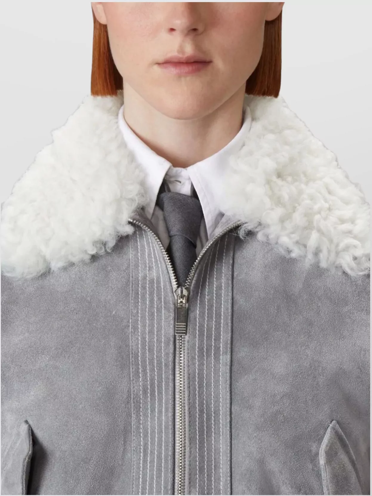 Thom Browne Suede Cropped Flight Jacket Shearling Collar