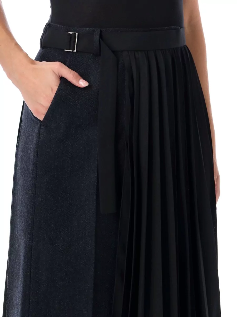 Sacai Wool Herringbone Pleated Asymmetric Midi Skirt