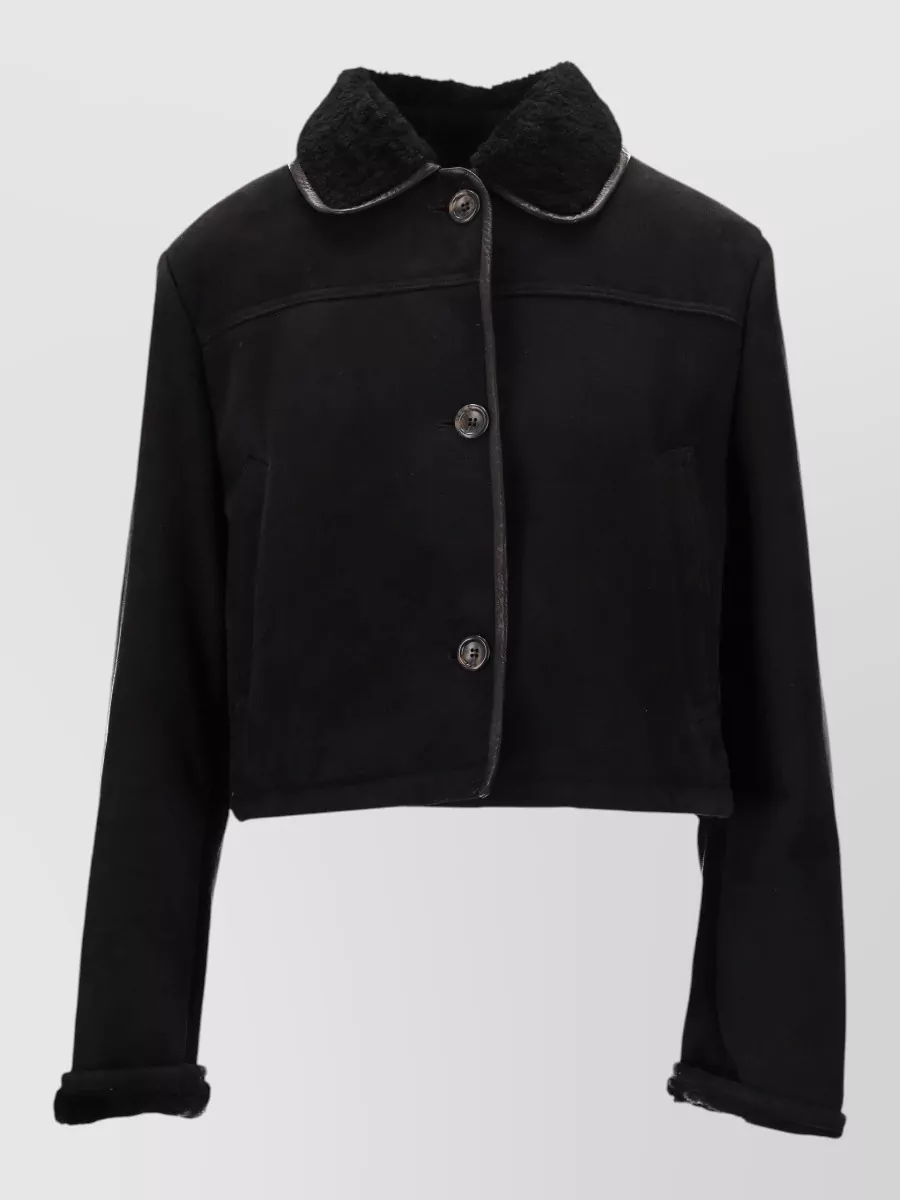 La Rose Shearling Collar Cropped Leather Jacket In Black