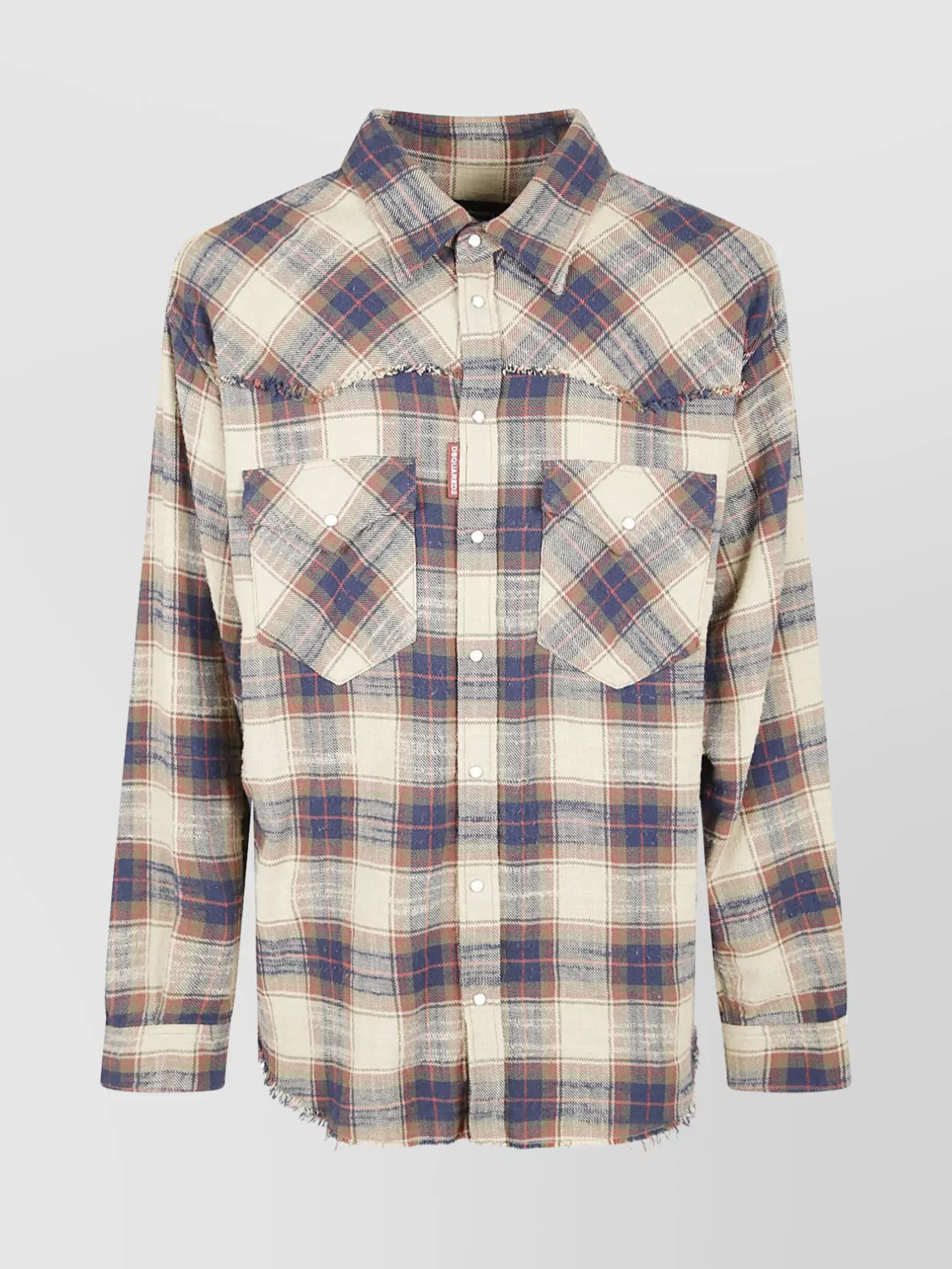 Dsquared2 Long Sleeve Plaid Shirt With Frayed Hem In Multi