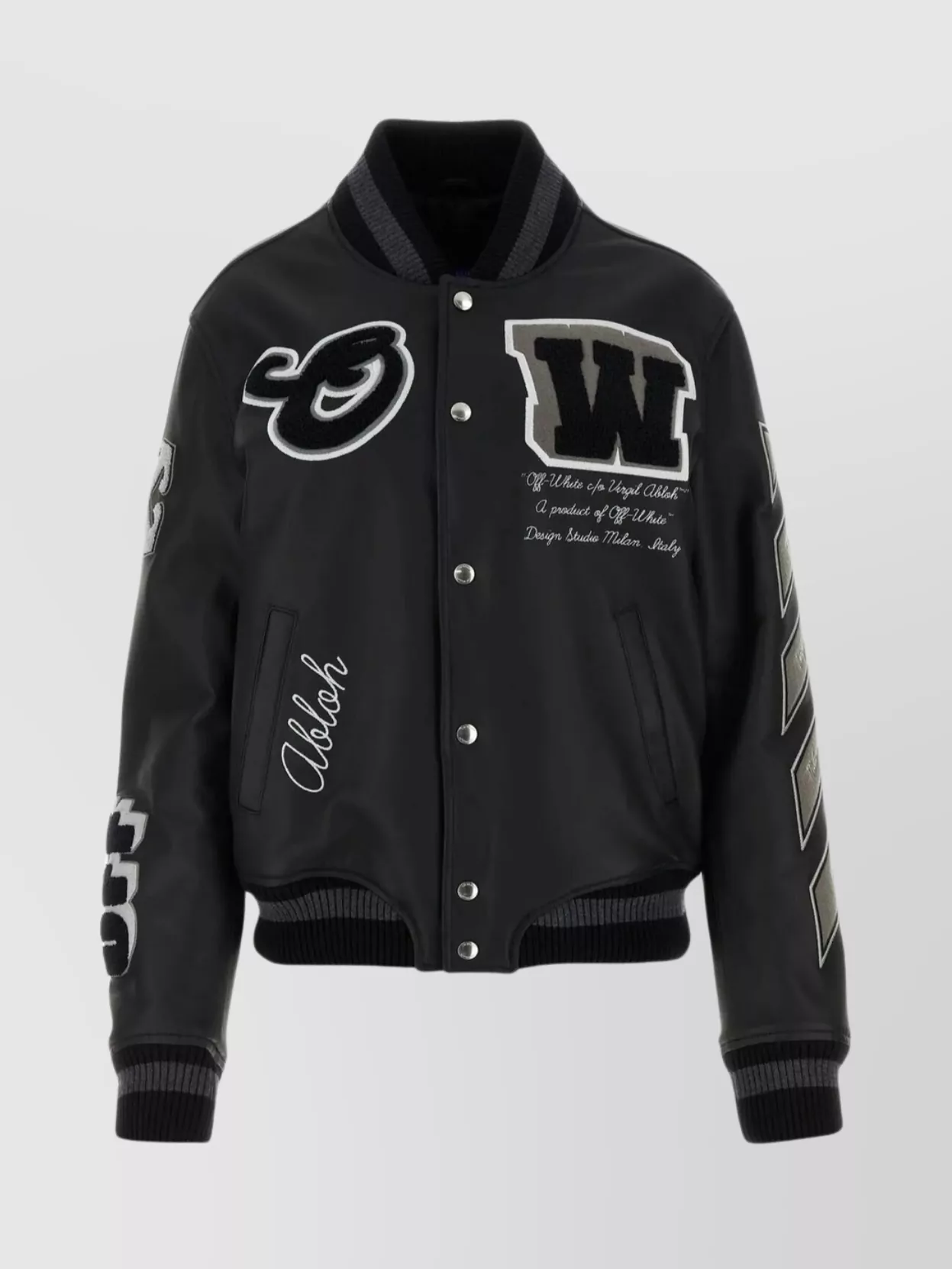 OFF-WHITE RELAXED LEATHER BOMBER JACKET WITH RIBBED ACCENTS