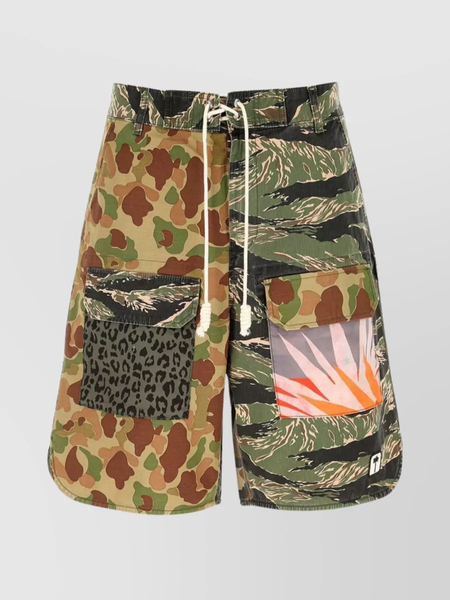 Shop Palm Angels Waist Drawstring Shorts With Camouflage And Animal Print In Khaki