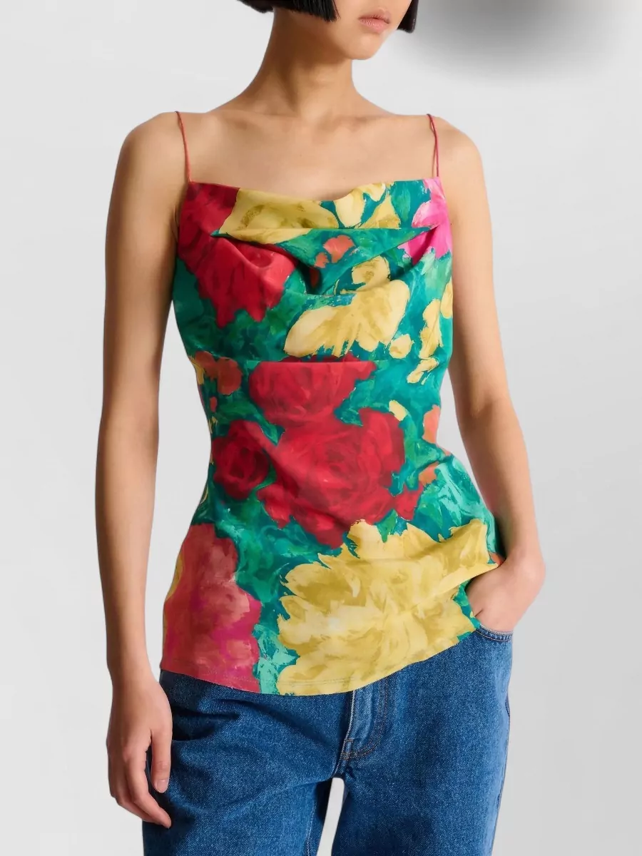 Balmain Silk Floral-Print Cowl-Neck Camisole Top