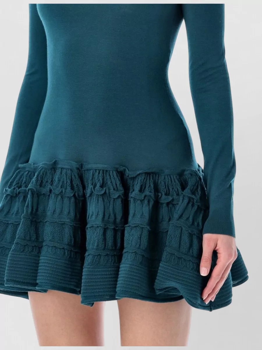 Alaïa Wool Wide Neck Long-Sleeve Slim-Fit Flared Mini Dress