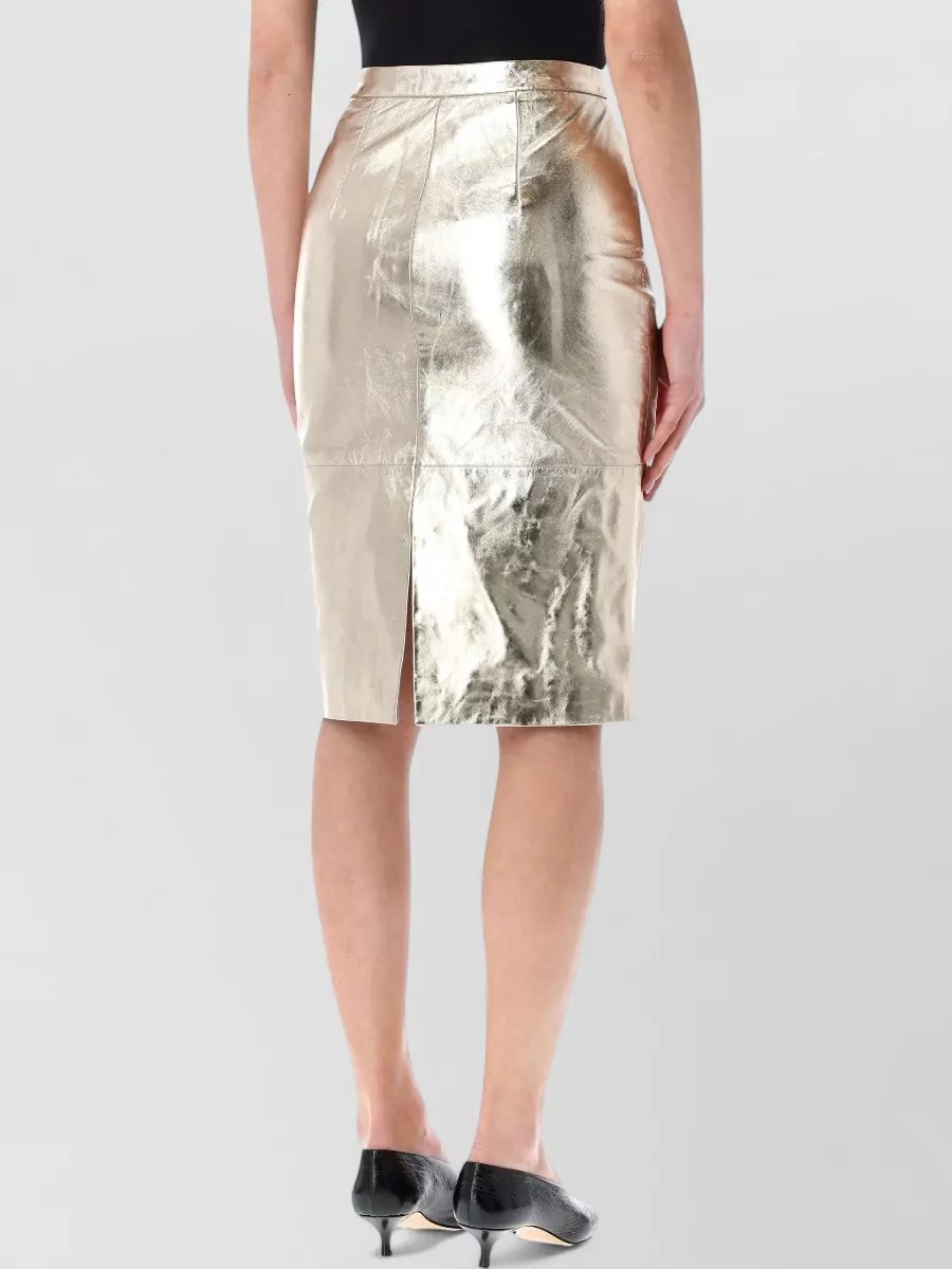 Rotate Leather High-Rise Paneled Midi Pencil Skirt