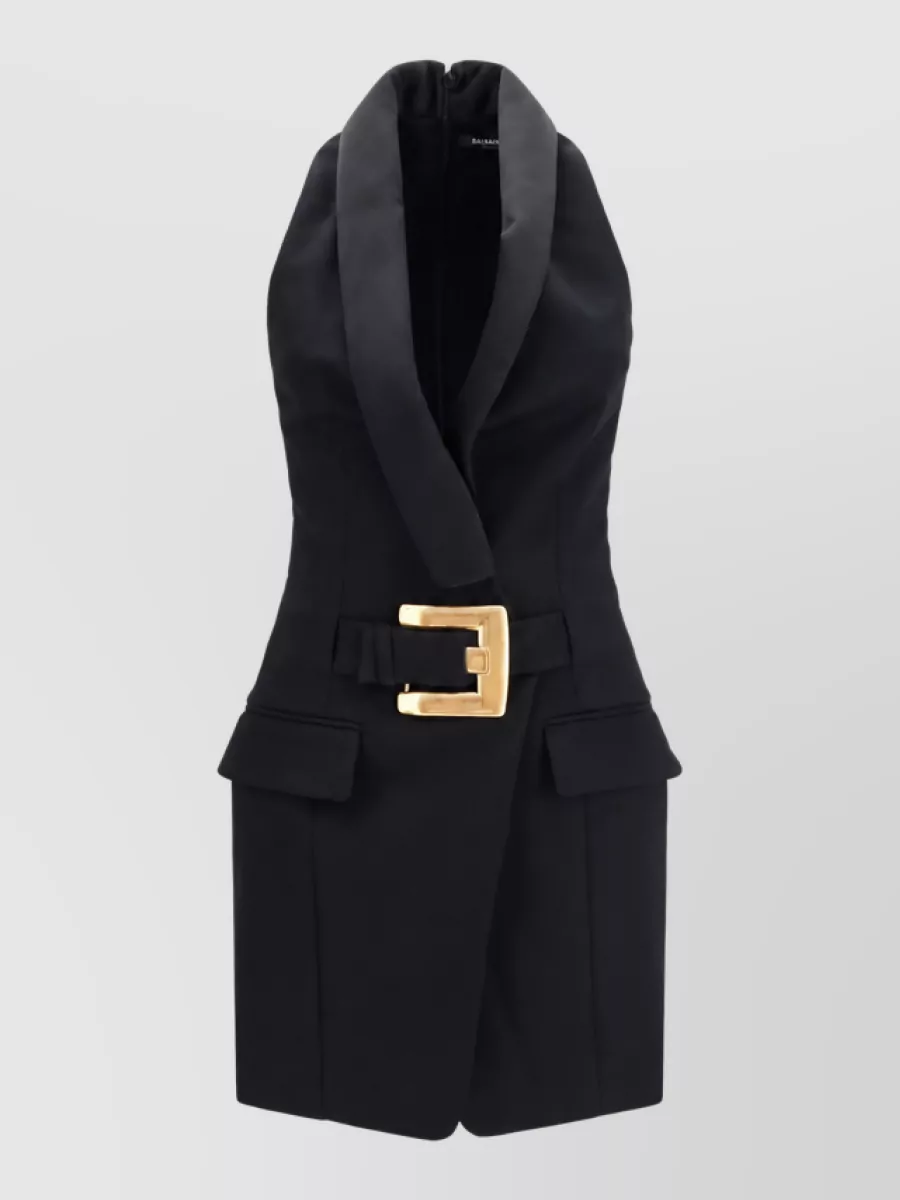 Balmain merino wool sleeveless belted evening dress