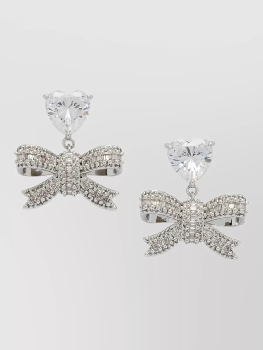 Self-Portrait crystal-embellished heart bow drop earrings