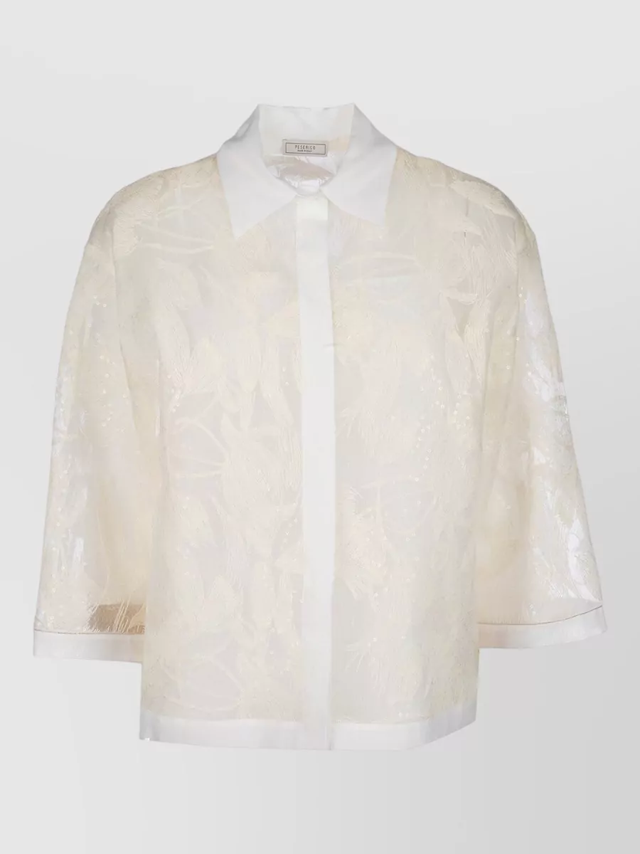 Peserico Collared Embroidered Sheer Short Jacket In Neutral