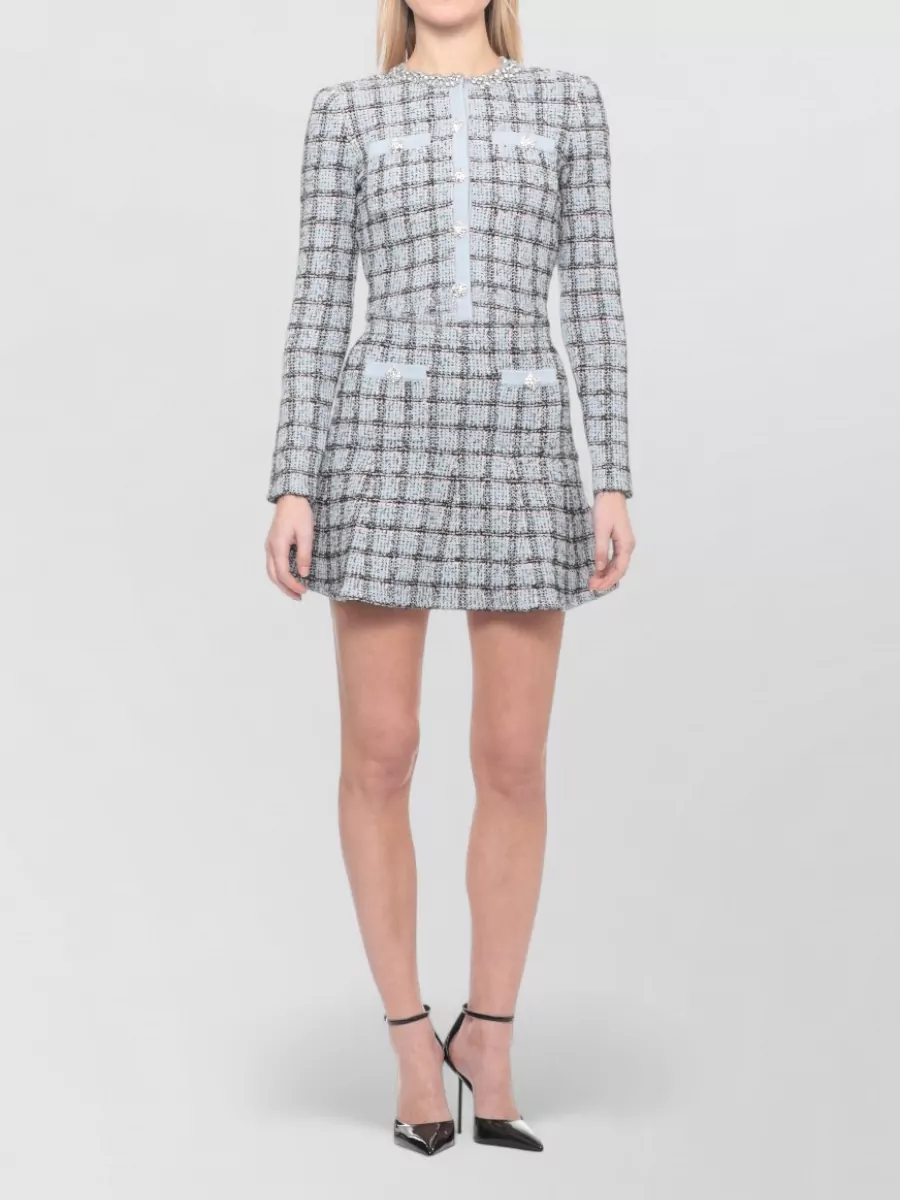 Self-Portrait Checked Miniskirt Jeweled Buttons Elastic Waist