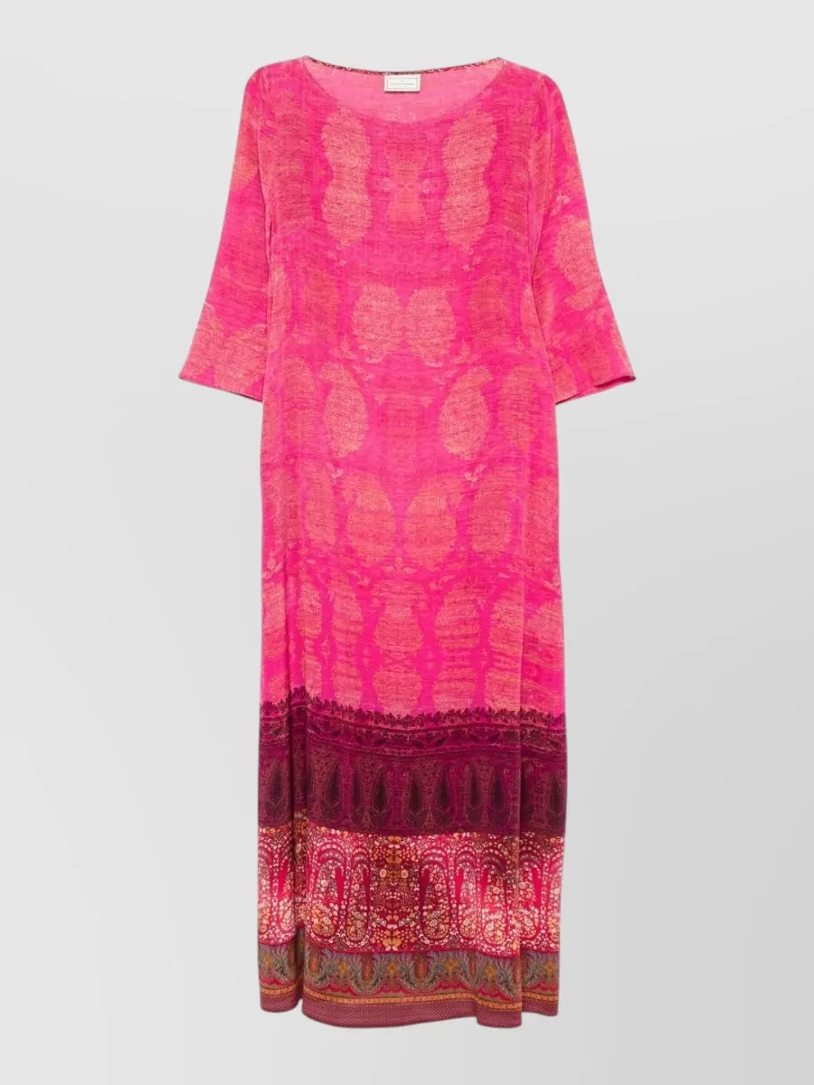 Pierre Louise Mascia Silk Printed Boat Neck Three Quarter Sleeve Maxi Dress