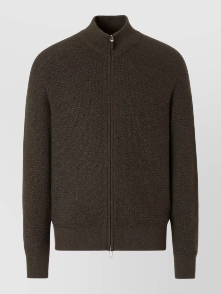 Zegna cashmere silk micro jacquard zip cardigan