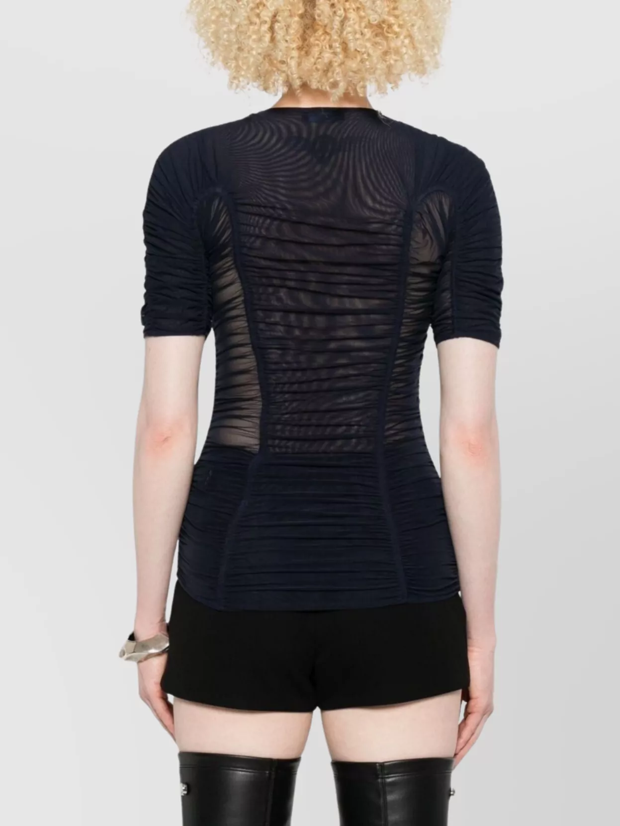 Mugler Crew Neck Mesh Top With Ruched Detailing