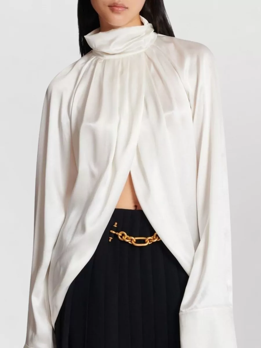 Balmain High Neck Long Sleeve Silk Blend Top