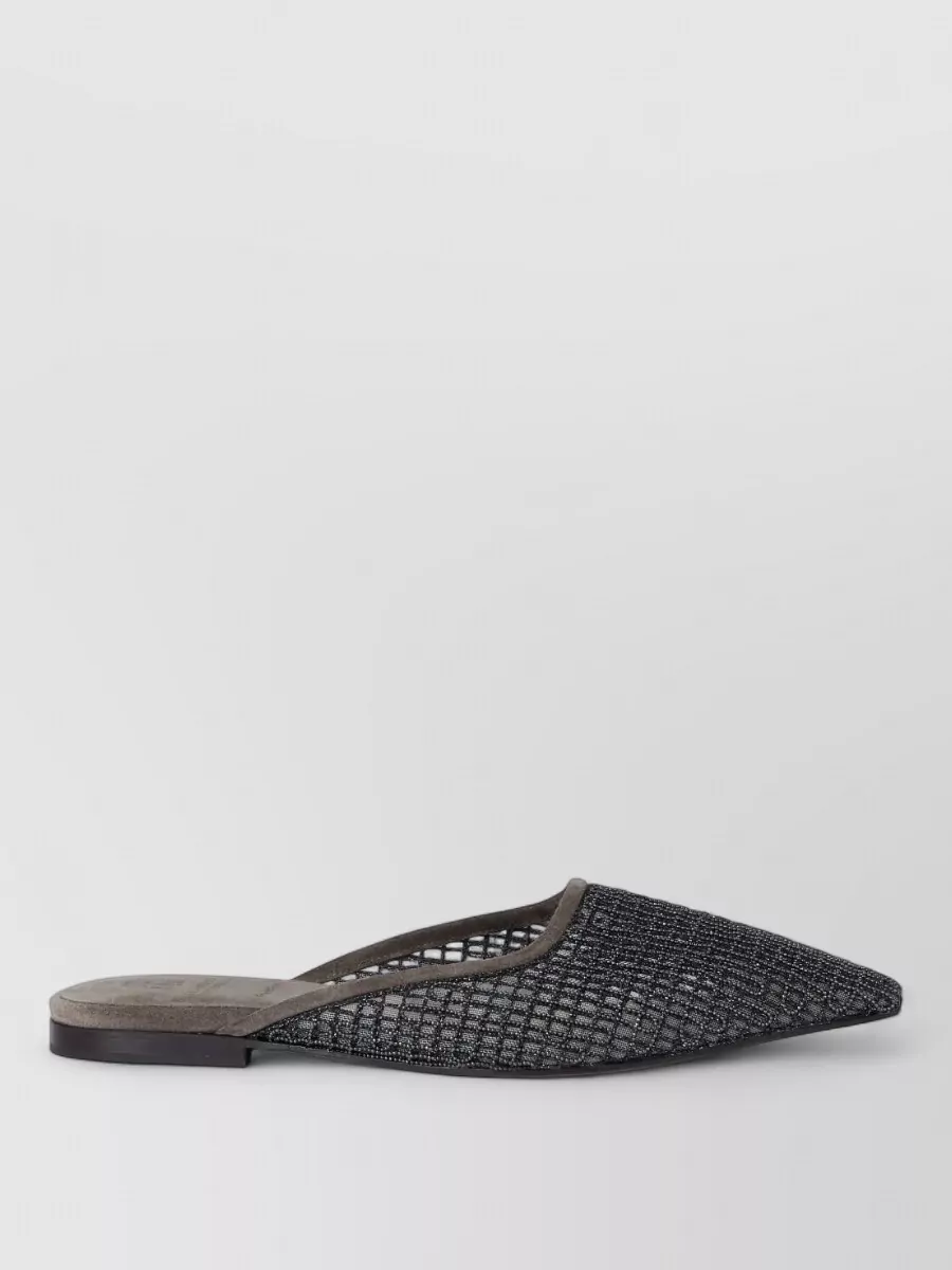 Brunello Cucinelli suede embellished net pointed mules