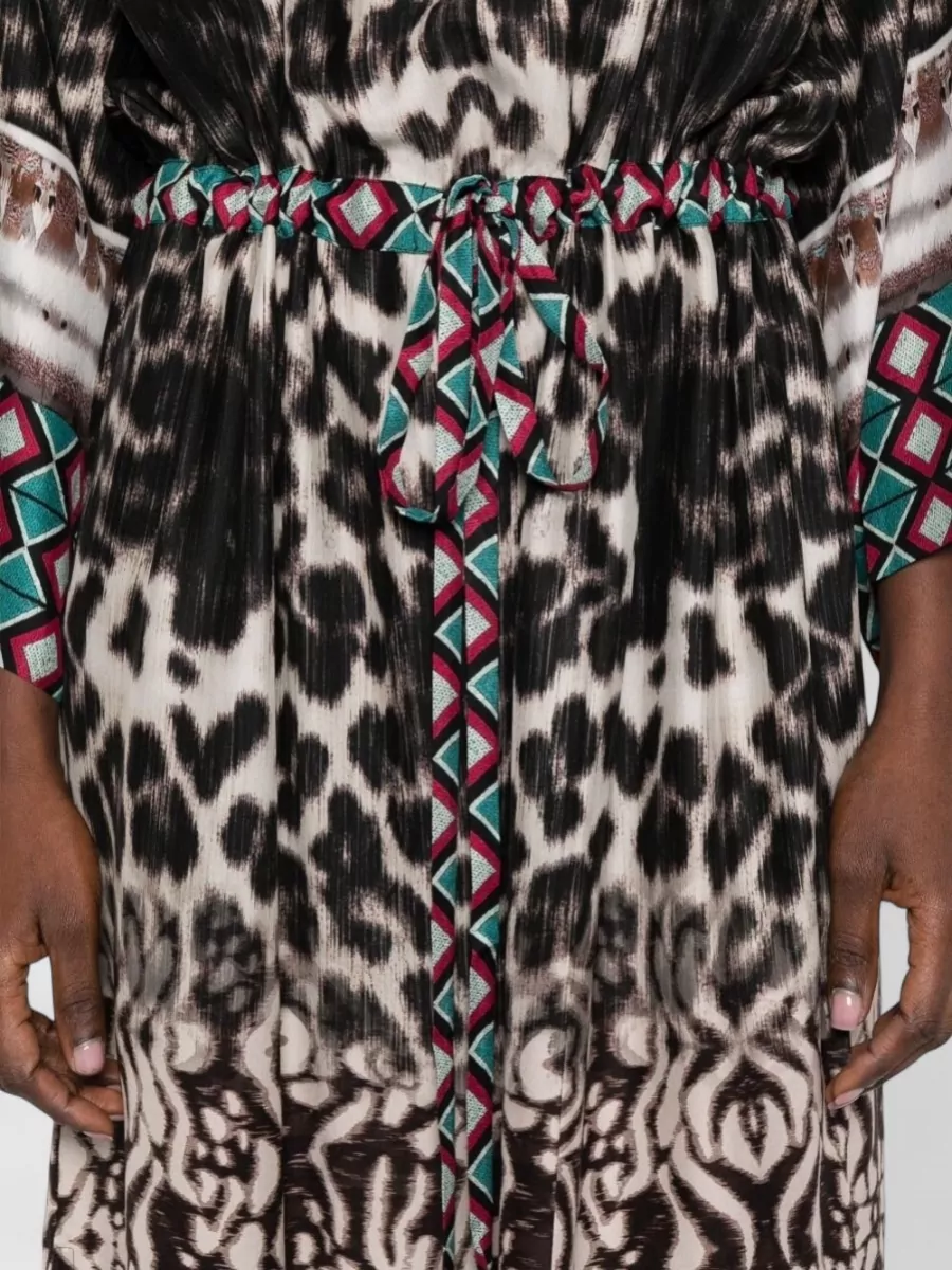 Pierre Louise Mascia Silk Dress Animal Print Belted Waist