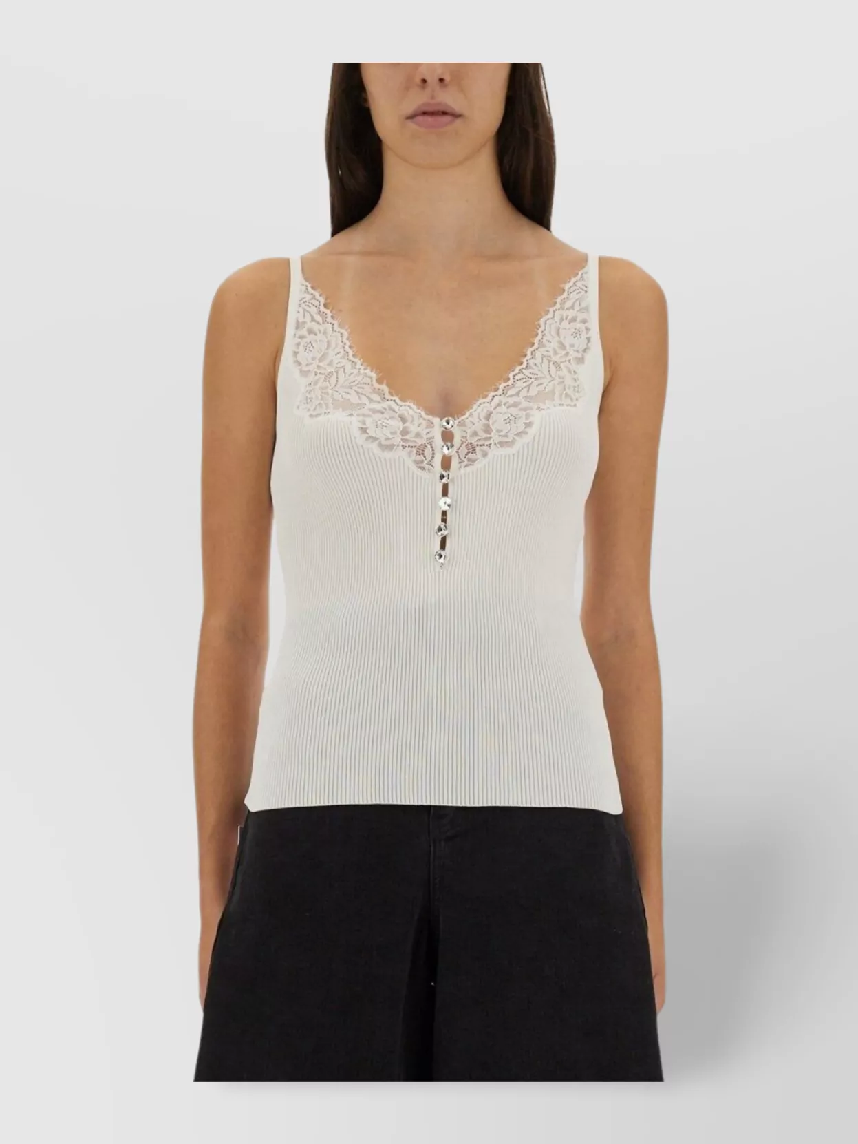 Self-Portrait Ribbed lace v-neck tank top