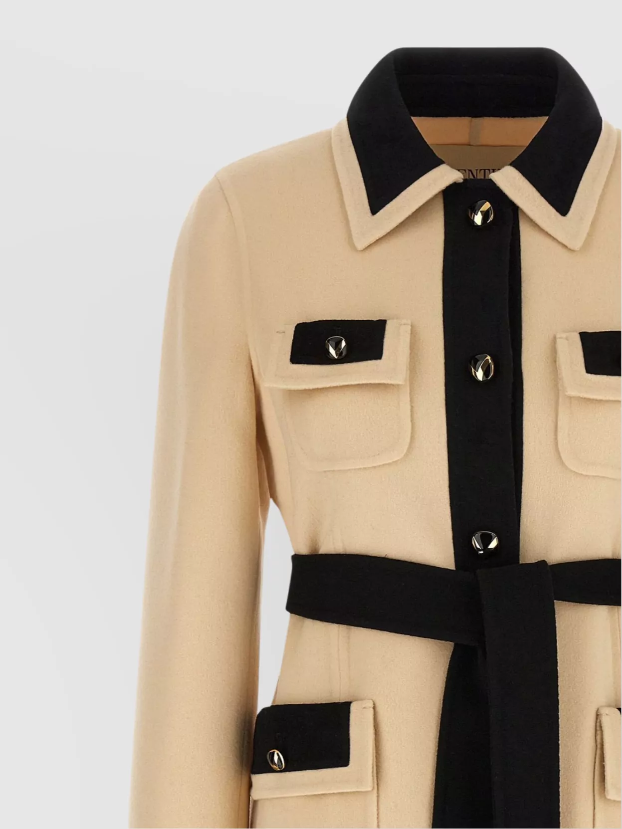 Valentino Wool Coat With Belted Waist And Contrast Trim In Brown