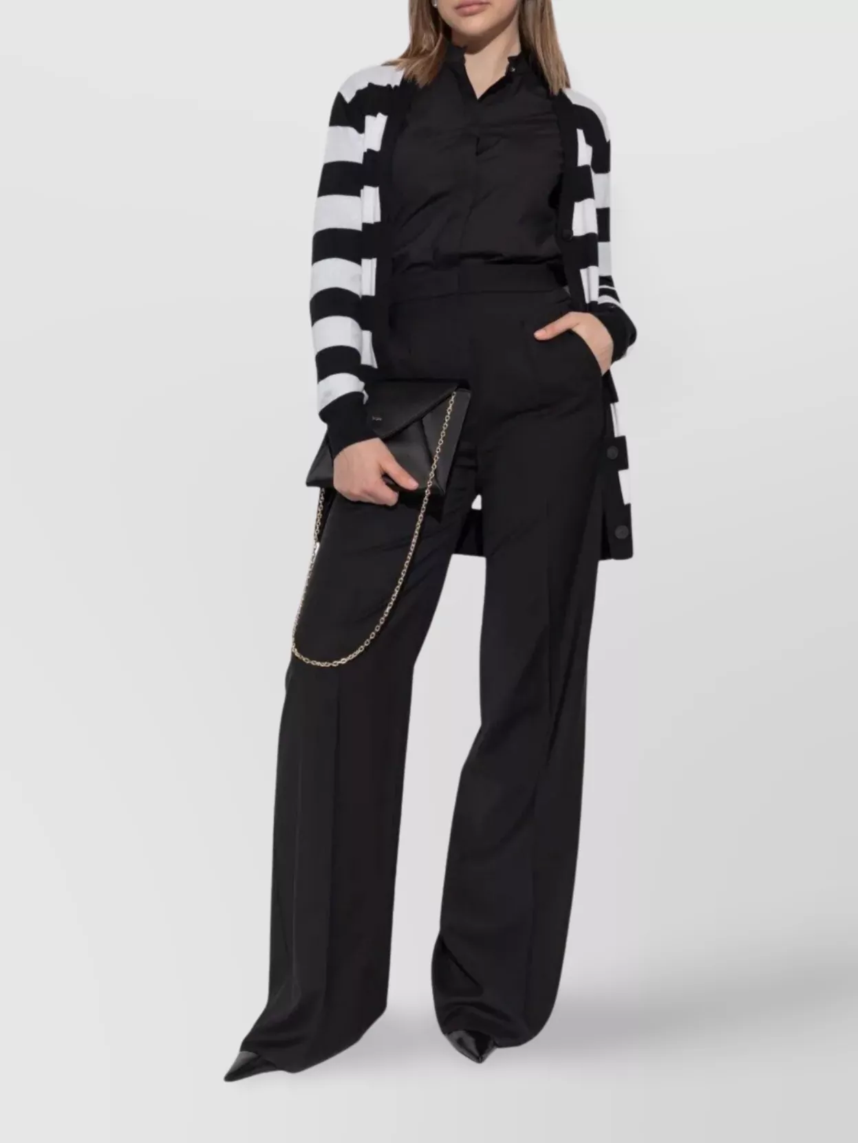 Max Mara Striped V-neck Cardigan And Pockets In Black