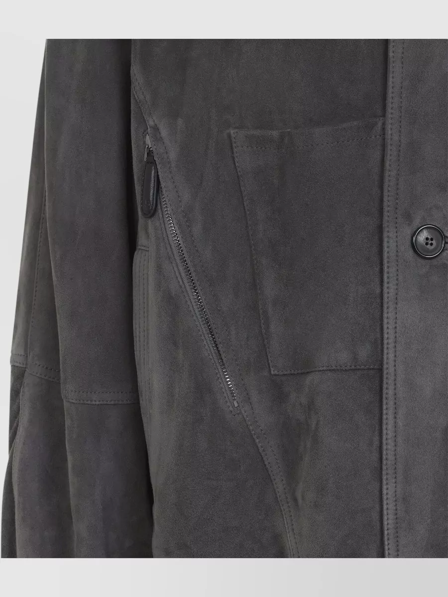 Giorgio Armani Suede Leather High-Neck Long-Sleeve Blouson Jacket