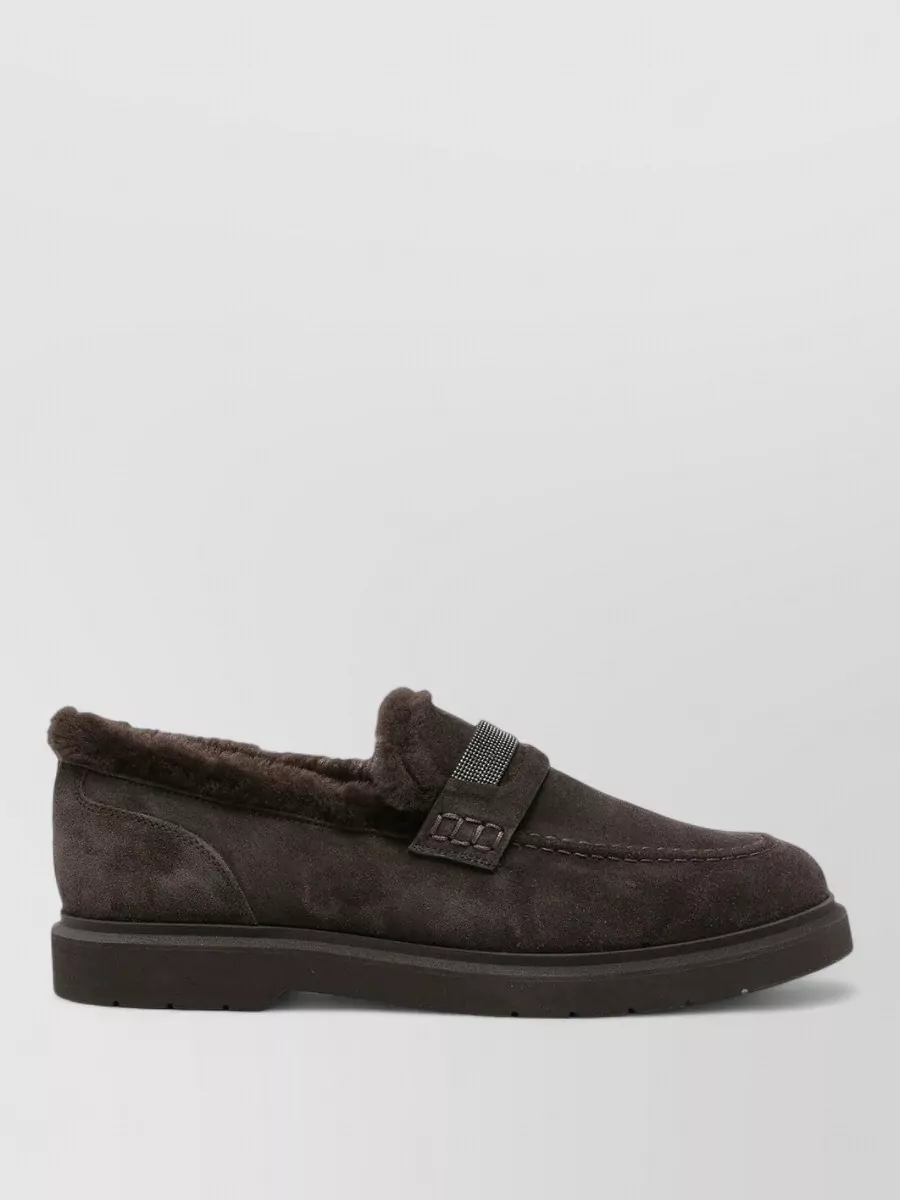 Brunello Cucinelli Suede Shearling-Lined Penny Loafers