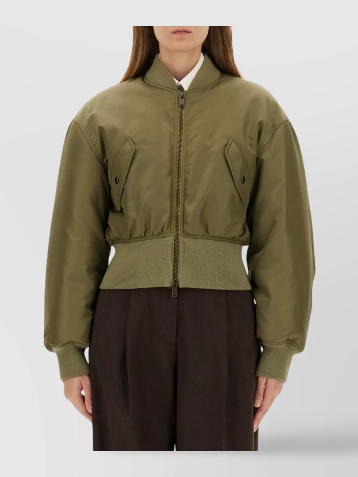 Saint Laurent Women Khaki Recycled Nylon Short Padded Bomber Jacket In Green