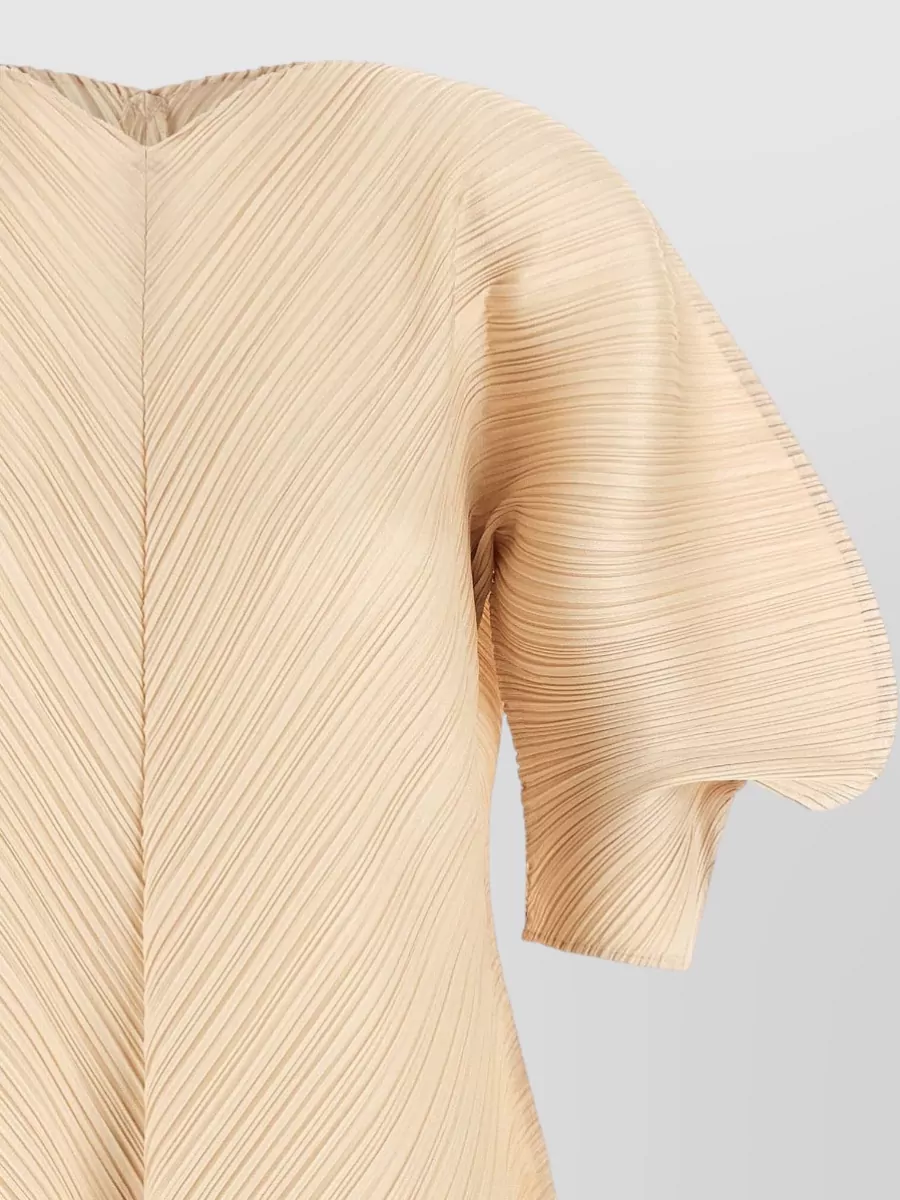 Pleats Please Issey Miyake Pleated V-Neck Short-Sleeve Balloon Midi Dress