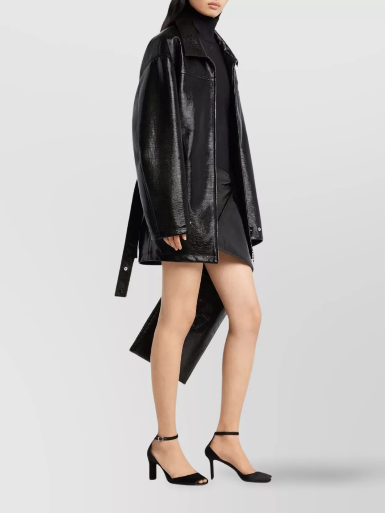 Courrèges Long Vinyl Bomber Jacket With Belted Waist In Black