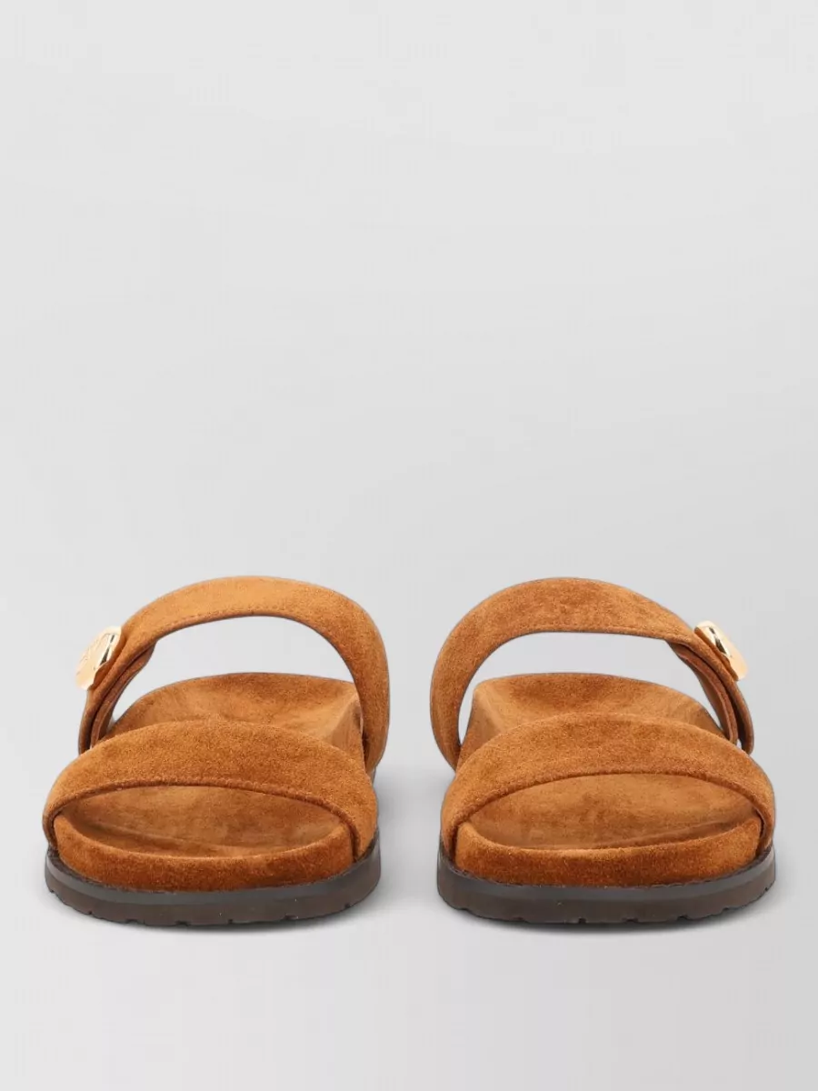 Tory Burch Suede Double Strap Flat Sole Slides In Brown