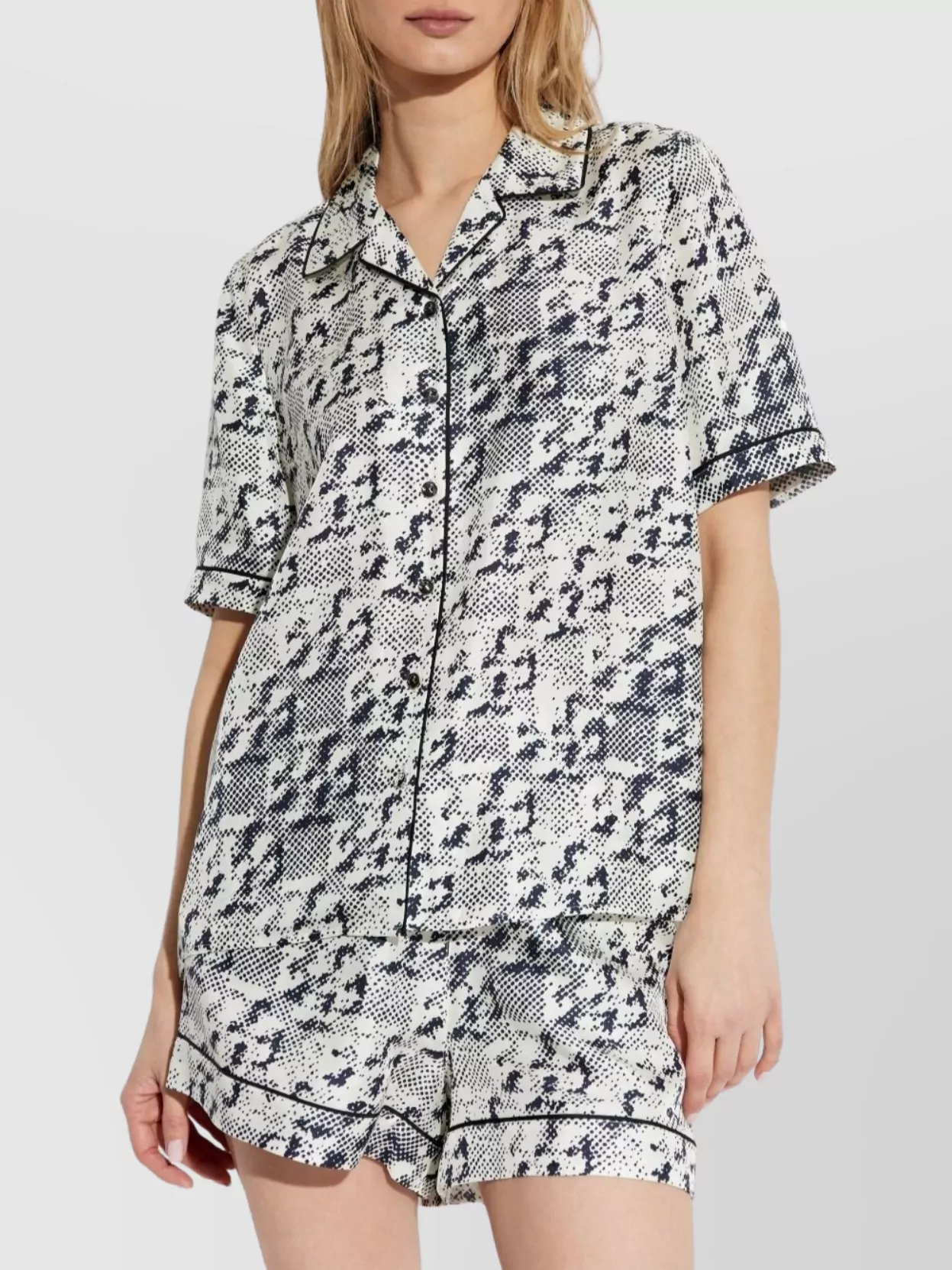 Shop Tory Burch Silk Camp Shirt With Printed Monogram Pattern In Grey