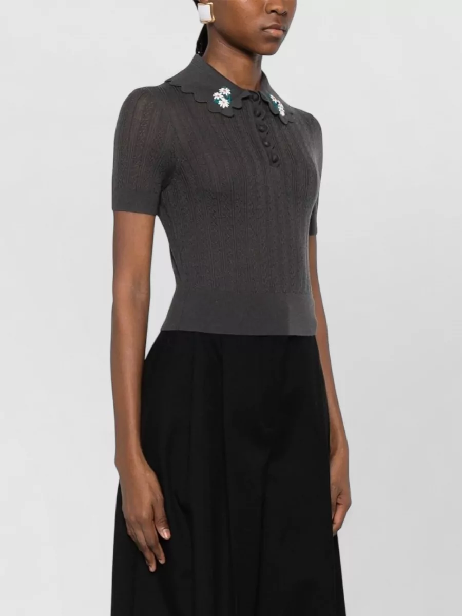 Self-Portrait Wool Floral Appliqué Scalloped-Collar Short-Sleeve Polo Top