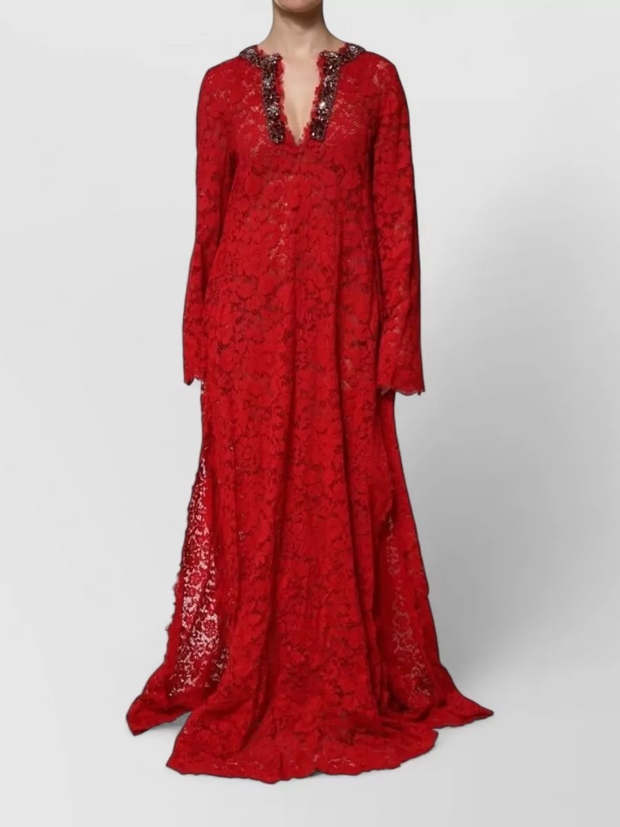 Dolce&Gabbana Floral lace crystal-embellished v-neck long-sleeve maxi dress
