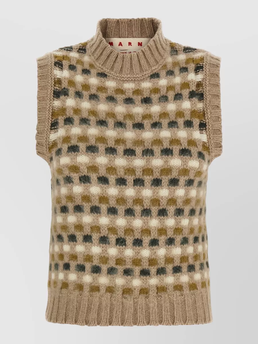 Marni cashmere wool ribbed high neck sleeveless jacquard knit vest