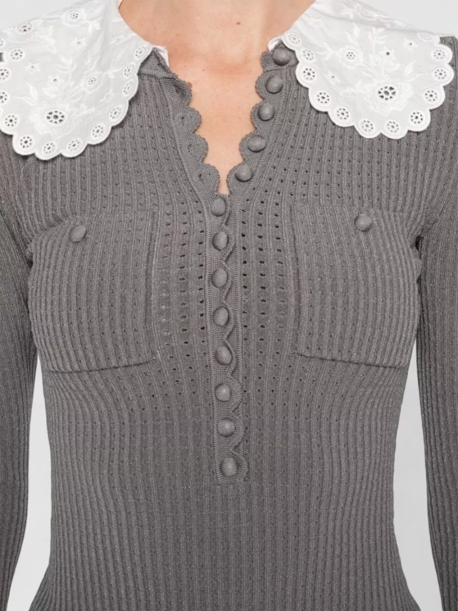 Self-Portrait Pointelle-Knit Lace-Collar Blouse