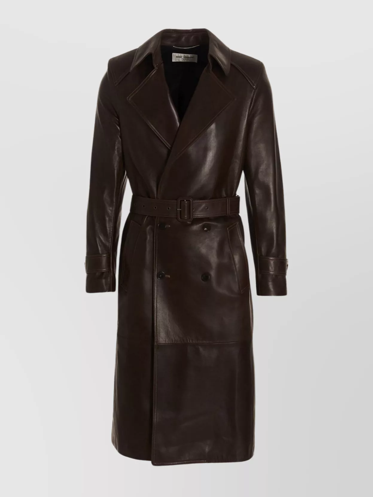Shop Saint Laurent Double-breasted Leather Trench Coat With Belted Waist