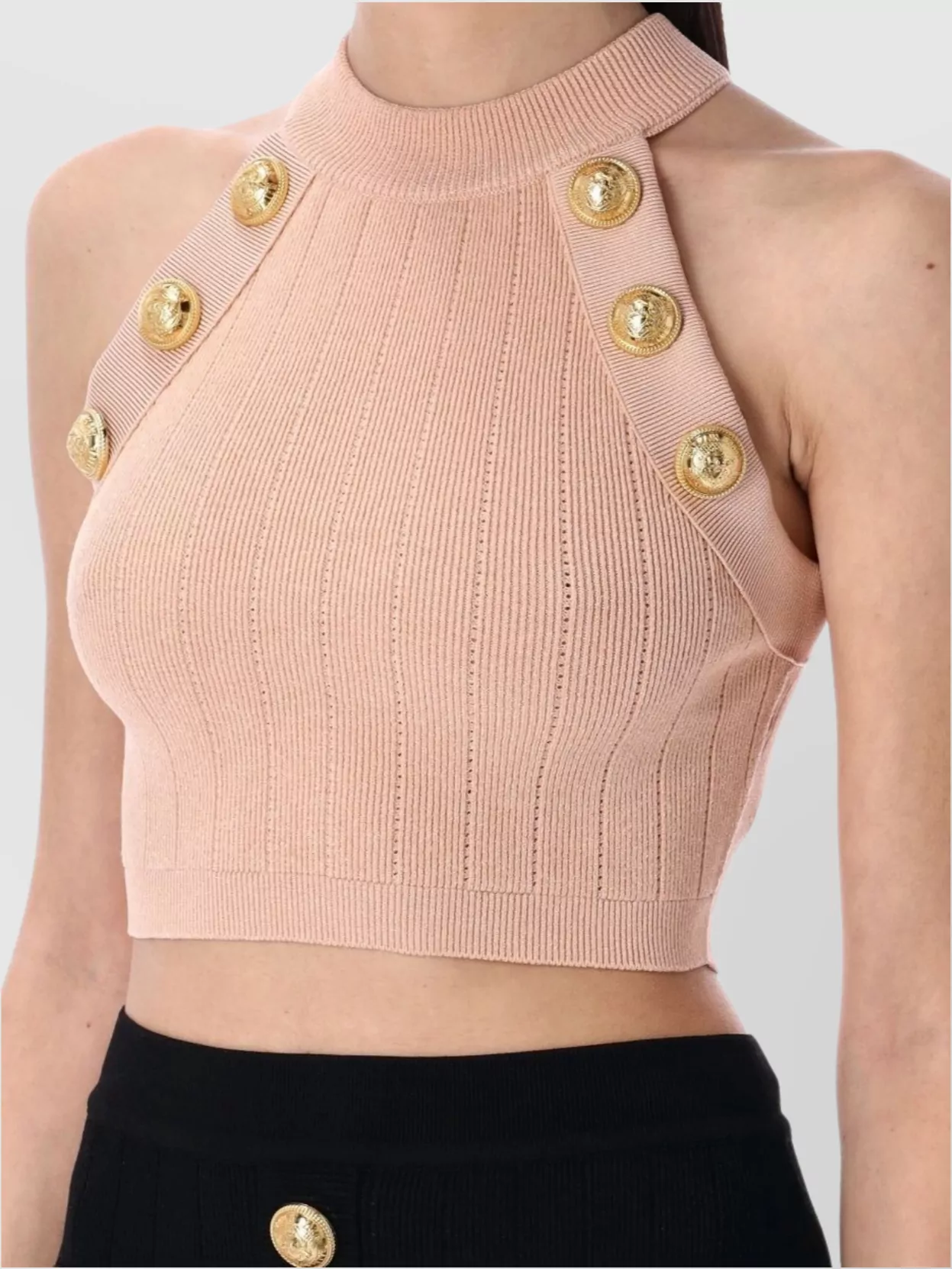BALMAIN RIBBED HALTER NECK TOP WITH GOLD BUTTONS