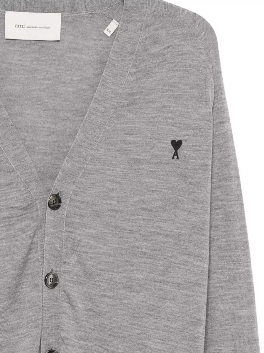 Ami Paris Merino Wool Logo-Embroidered V-Neck Cardigan